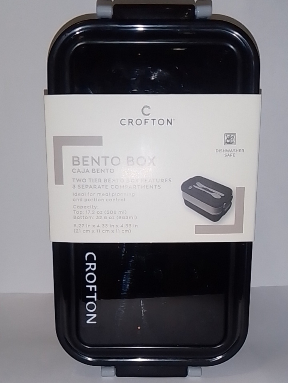 Crofton Black And Gray Two-Tier Bento Box with Utensils